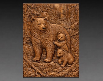 Bear Family 3D Relief STL, Mother Bear and Cubs CNC Carving Model (Digital Download)