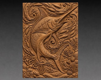 Marlin Swordfish Relief STL , Big Game Fish Ocean Wave Carving Model (Digital Download)