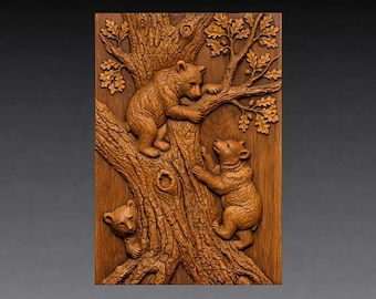 Bear Cubs Climbing Oak Tree 3D Relief STL File, CNC Carving Model (Digital Download)
