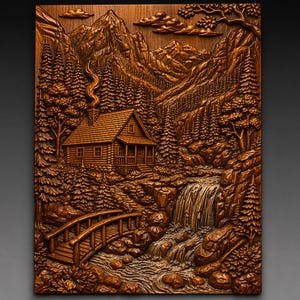 Könnte beinhalten: Eine detaillierte Holzschnitzerei zeigt eine Berglandschaft mit einer Hütte, einer Brücke und einem Wasserfall. Die braune Schnitzerei zeigt eine Hütte inmitten von Bäumen, eine kleine Brücke über einem Bach und einen Wasserfall. Das Kunstwerk ist eine Wanddekoration zum Thema Natur.