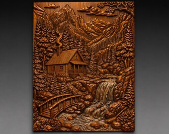 Log Cabin Mountain 3D Relief STL File, Pine Forest Waterfall CNC Carving Digital Download