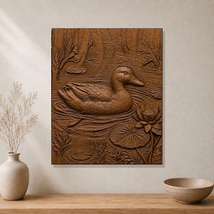 May include: A rectangular wooden wall plaque featuring a detailed relief carving of a duck swimming in water. The scene includes aquatic plants, lily pads, and a blooming lotus flower, all rendered in a monochromatic brown wood grain finish.