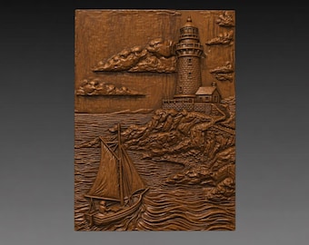 Sailboat Lighthouse Cliff 3D Relief STL File, Coastal CNC Carving Digital Download