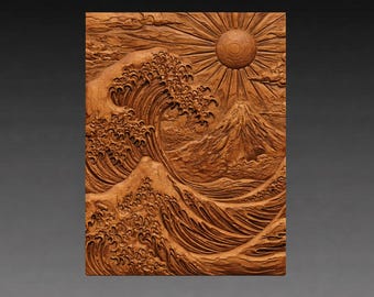 Japanese Great Wave Mount Fuji Sunrise 3D Relief STL File CNC Carving (Digital Download)