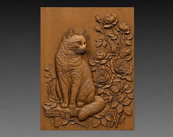 Calico Cat Garden Roses 3D Relief STL, Floral Kitten Pet CNC Carving Digital Download