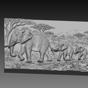 May include: A grayscale relief carving depicting a herd of elephants walking through a savanna landscape. The carving features a large adult elephant leading a line of smaller elephants, with trees and hills in the background.