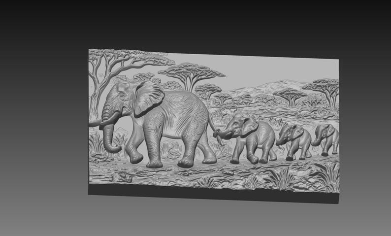 May include: A grayscale relief carving depicting a herd of elephants walking through a savanna landscape. The carving features a large adult elephant leading a line of smaller elephants, with trees and hills in the background.