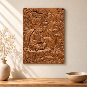 May include: A rectangular wooden wall art piece featuring a detailed relief carving of a turtle dressed in robes, sitting in a meditative pose while holding prayer beads. The background depicts a cascading waterfall, rocky cliffs, and lush foliage.