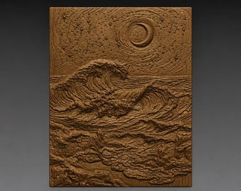 Coastal Waves Moonlight 3D Relief STL, Cresent Moon Nautical Ocean CNC Carving Digital Download