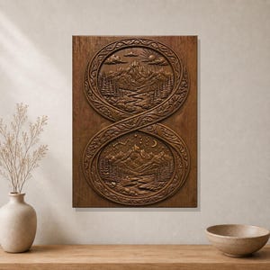 May include: A rectangular wooden wall plaque featuring an intricate relief carving of an infinity symbol. The top loop depicts a daytime mountain landscape with a sun and clouds, while the bottom loop shows a nighttime scene with stars and a moon.