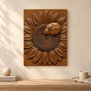 Puede incluir: Una pieza de arte mural rectangular que presenta una talla en alto relieve de un girasol con una mariquita descansando sobre su disco central. Toda la composición está representada en un tono marrón cálido monocromático con texturas detalladas.