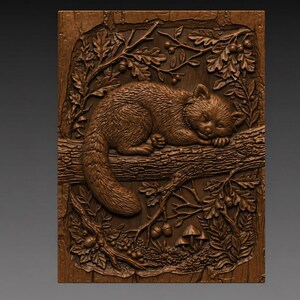 Op de afbeelding: Gedetailleerde houten snijwerk van een slapende rode panda op een tak, omringd door bladeren, eikels en paddenstoelen. Het kunstwerk heeft een warme bruine kleur, met ingewikkelde details en texturen.