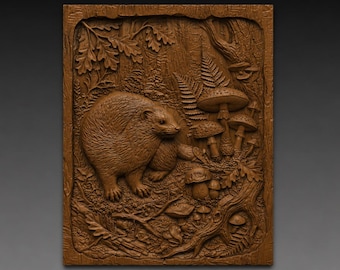 Woodland Ferret 3D Relief STL File, Oak Tree Forest CNC Carving Digital Download
