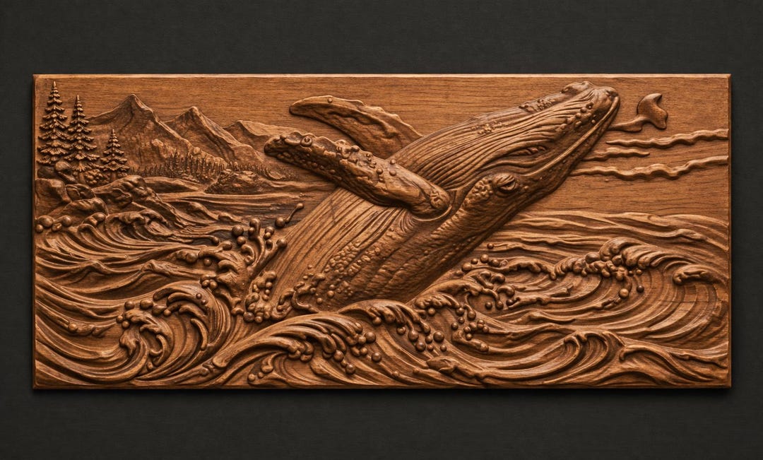 Humpback Whale 3D Relief STL File, Ocean Wave CNC Carving Model ...