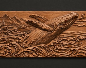Humpback Whale 3D Relief STL File, Ocean Wave CNC Carving Model (Digital Download)