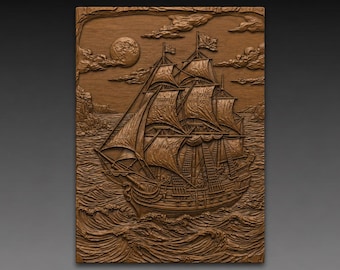 Pirate Ship Full Moon 3D Relief STL File, Nautical Galleon CNC Carving Digital Download