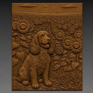 May include: A rectangular wooden wall plaque featuring a detailed relief carving of a spaniel dog sitting in a field of sunflowers. The scene includes textured foliage, multiple sunflower blooms, and small clouds in the sky above the horizon line.