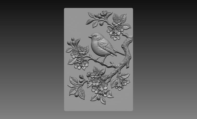 Robin Cherry Blossom 3D Relief STL File, Spring Bird CNC Carving Model ...