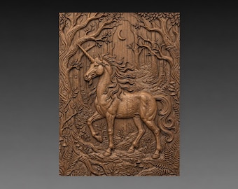 Woodland Unicorn Moonlight 3D Relief STL, Mythical Forest Creature Fantasy CNC Carving Digital Download