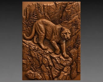 mountain lion Cougar Rock 3D Relief STL File, Wildlife CNC Carving Digital Download