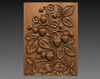 Archivo STL de relieve 3D de planta de fresa, descarga digital para tallado CNC de frutas botánicas