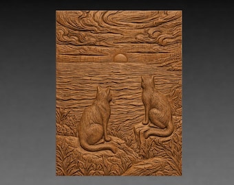 Two Cats Sunset 3D Relief STL File, Ocean CNC Carving Model (Digital Download)
