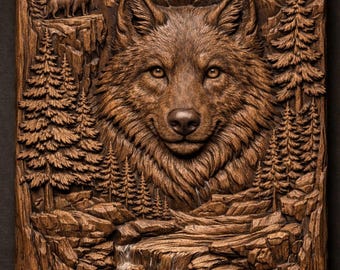 Wolf with Moon, Woodland Panel 3D Relief STL File for CNC Wood Carving