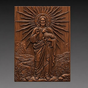May include: A detailed wooden carving of a religious figure holding a lamb, with a radiant halo and sunburst design. The carving is set against a dark background, showcasing the intricate details of the artwork.