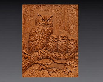 Owl Family 3D Relief STL File, Oak Branch Acorns CNC Carving Model (Digital Download)