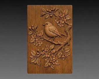 Robin Cherry Blossom 3D Relief STL File, Spring Bird CNC Carving Model (Digital Download)