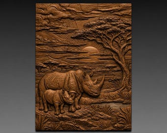 African Rhino at Savannah Sunset 3D Relief STL File for CNC Wood Carving