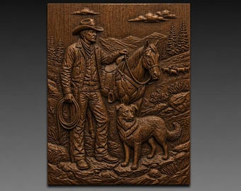 Western Cowboy with Horse and Sheepdog 3D Relief STL File for CNC Carving