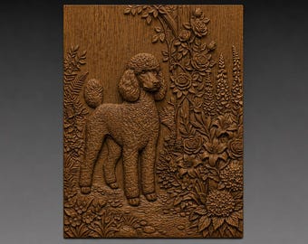 Poodle Flower Garden 3D Relief STL File, Floral Dog CNC Carving Digital Download