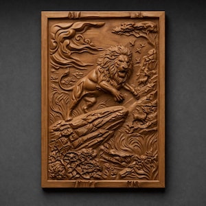 May include: A rectangular wooden relief carving depicting a lion in mid-stride. The lion is carved in detail, with a flowing mane and muscular form. The background features stylized clouds, trees, and other wildlife. The frame is a warm brown color.