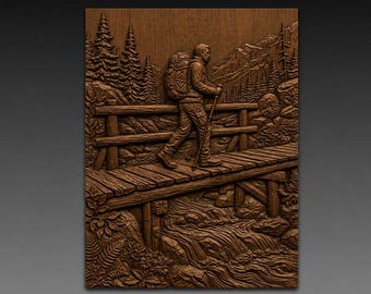 Woodland Hiker on River Bridge 3D Relief STL File for CNC Wood Carving