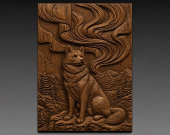 Siberian Husky under Northern Lights 3D Relief STL File for CNC Wood Carving
