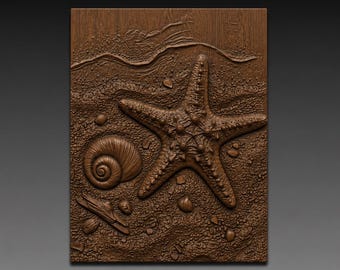 Starfish and Seashell on Beach 3D Relief STL File for CNC Wood Carving