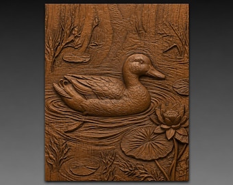 Mallard Duck Water Lilies 3D Relief STL, Lilypad Pond Wildlife CNC Carving Digital Download