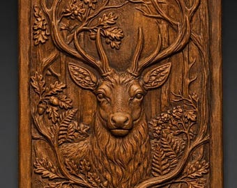 Deer with Oak Tree Leaves 3D Relief STL File for CNC Wood Carving