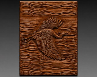 Blue Heron Flying over Water 3D Relief STL File for CNC Wood Carving