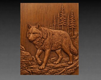 Wolf Pine Forest 3D Relief STL File, Woodland Wildlife CNC Carving Model