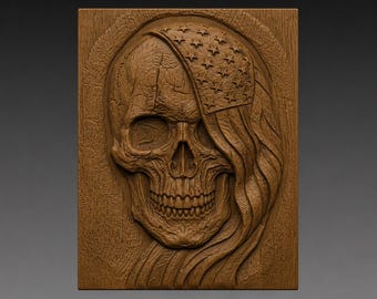American Flag Skull 3D Relief STL File, Patriotic USA Flag CNC Carving Digital Download