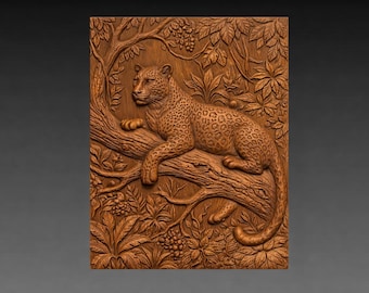 Leopard Tree Branch Relief STL File, Wildlife CNC Carving Model (Digital Download)