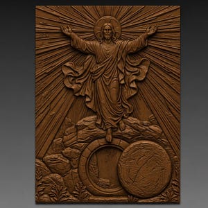 Jesu uppståndelse Kristus tomma gravrelief STL, vägledande ljus kristen CNC-snidning digital nedladdning