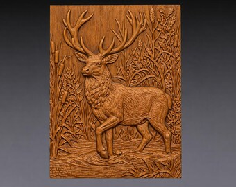 Stag in Pond 3D Relief STL File, Deer Reeds CNC Carving Model (Digital Download)