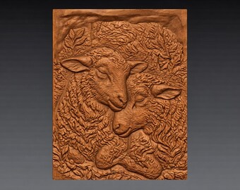 Zwei Lämmer, die zusammen ruhen 3D Relief STL Datei, Bauernhof Tier CNC Carving (Digitaler Download)