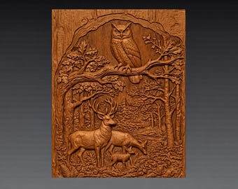 Eulen beobachten Hirschfamilie 3D Relief STL, Woodland Wildtier CNC Carving Modell (Digitaler Download)