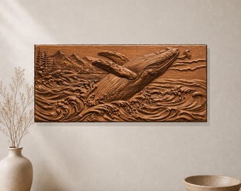Humpback Whale Ocean Wave 3D Relief STL File for CNC Wood Carving