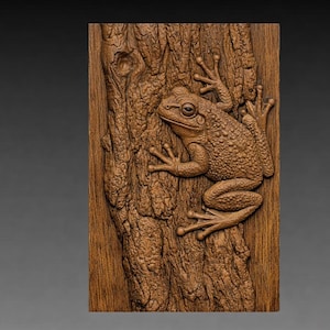 May include: A detailed wood carving of a frog clinging to a tree trunk. The frog is textured with a bumpy skin and is positioned on a detailed, carved tree trunk. The artwork is a rectangular shape and is made of a warm brown wood.