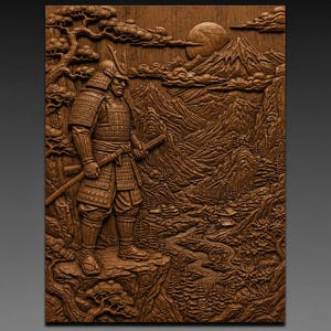 Könnte beinhalten: Eine detaillierte Holzschnitzerei zeigt einen Samurai-Krieger in voller Rüstung, der ein Katana und einen Holzstab hält. Der Hintergrund zeigt eine Bergkette, einen Vollmond und einen Fluss, der sich durch die Landschaft schlängelt. Das Kunstwerk ist in Brauntönen gehalten.